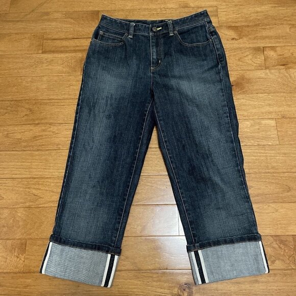 Vintage Talbots Womens Stretch Denim Blue Jean Capris Size 8 Cuffed Selvage Hem - Picture 1 of 15